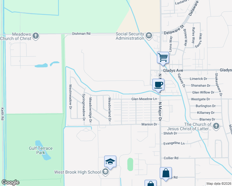map of restaurants, bars, coffee shops, grocery stores, and more near 9030 Glenmeadow Lane in Beaumont