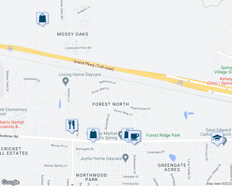 map of restaurants, bars, coffee shops, grocery stores, and more near 22327 Roseville Drive in Spring