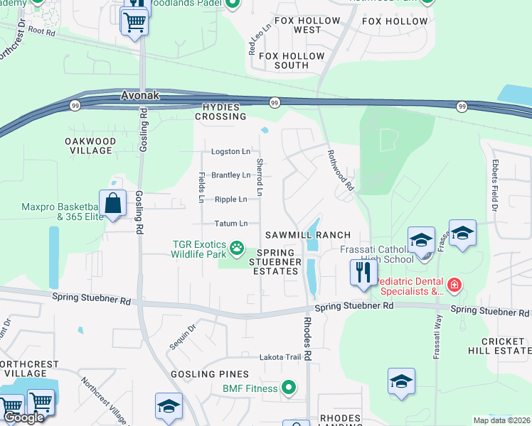 map of restaurants, bars, coffee shops, grocery stores, and more near 22306 Sherrod Lane in Spring