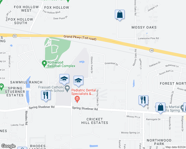 map of restaurants, bars, coffee shops, grocery stores, and more near 22310 Ebbets Field Drive in Spring