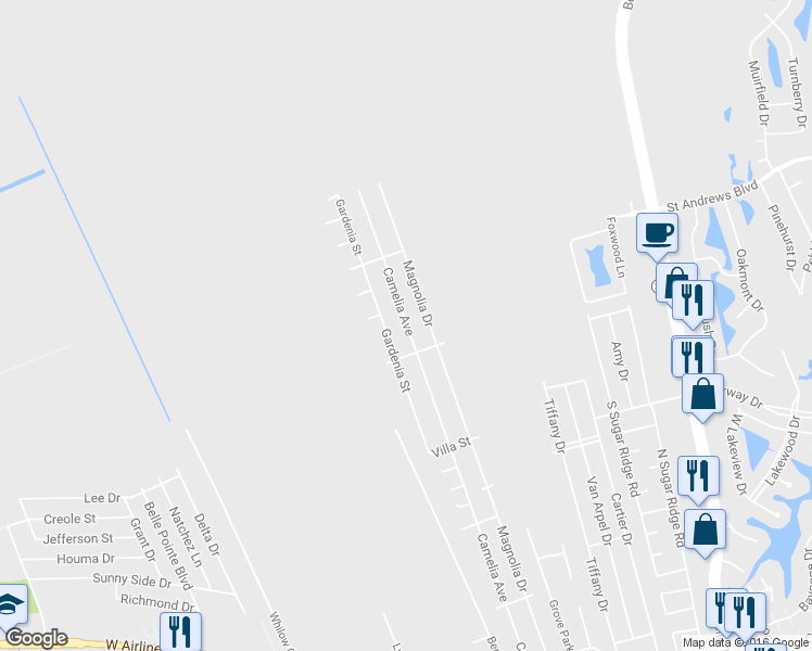 map of restaurants, bars, coffee shops, grocery stores, and more near 621 Camelia Avenue in LaPlace