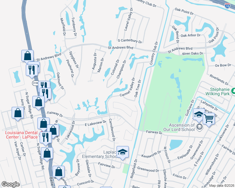 map of restaurants, bars, coffee shops, grocery stores, and more near 2029 Carmel Valley Drive in LaPlace