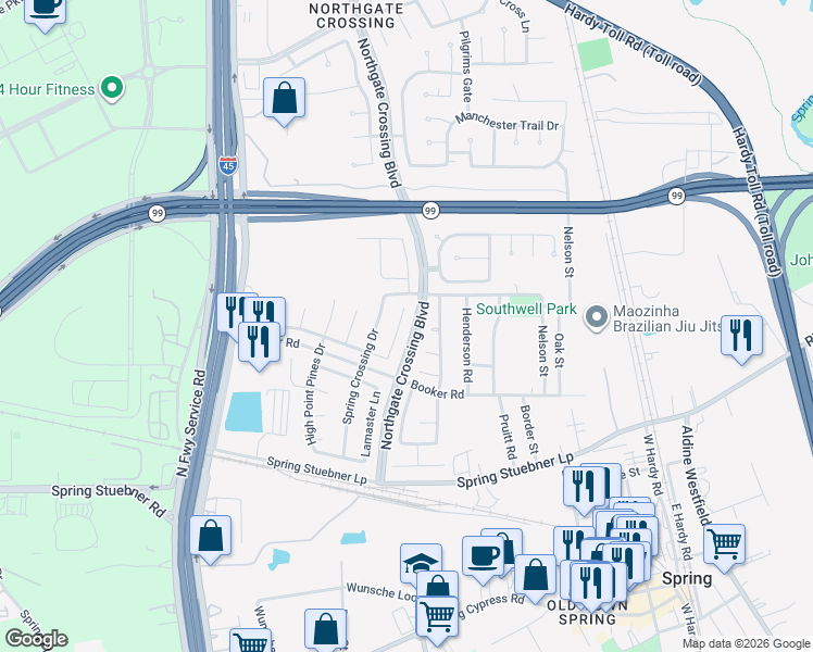 map of restaurants, bars, coffee shops, grocery stores, and more near 22602 Goss Spring Court in Spring
