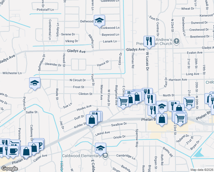 map of restaurants, bars, coffee shops, grocery stores, and more near 265 West Circuit Drive in Beaumont