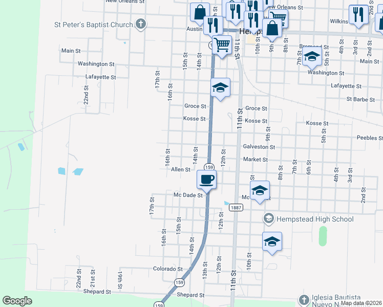 map of restaurants, bars, coffee shops, grocery stores, and more near 1745 14th Street in Hempstead