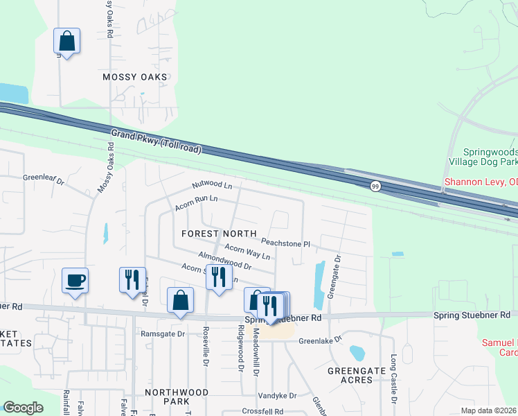 map of restaurants, bars, coffee shops, grocery stores, and more near 3515 Acornrun Ln in Spring