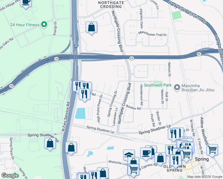 map of restaurants, bars, coffee shops, grocery stores, and more near 22522 Spence Park Court in Spring