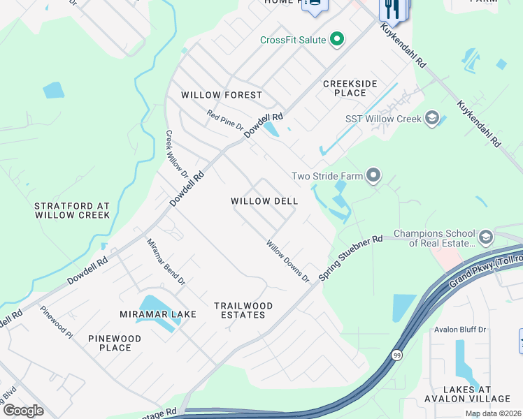 map of restaurants, bars, coffee shops, grocery stores, and more near 22006 Willow Shade Lane in Tomball