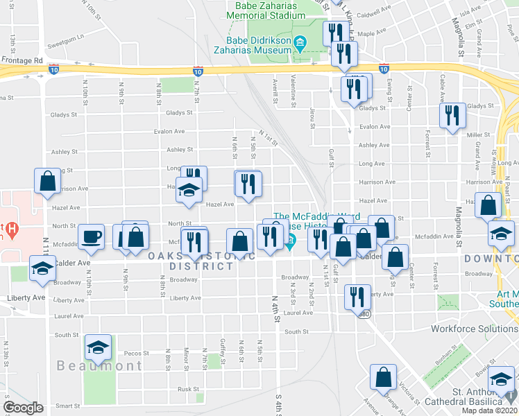 map of restaurants, bars, coffee shops, grocery stores, and more near 777 North 4th Street in Beaumont