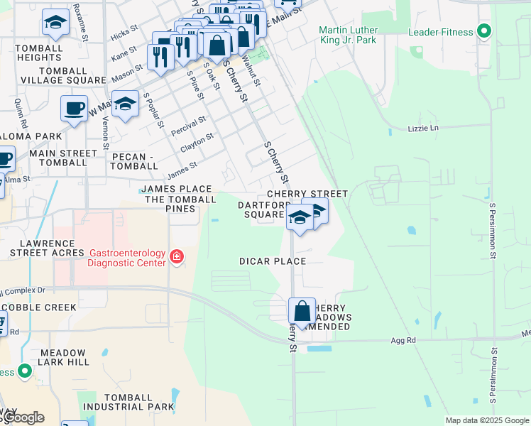 map of restaurants, bars, coffee shops, grocery stores, and more near 1100 South Cherry Street in Tomball