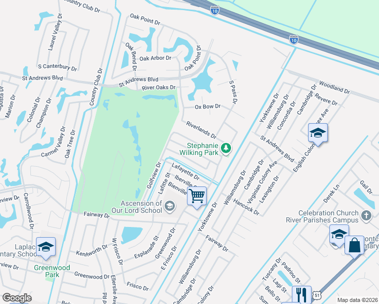 map of restaurants, bars, coffee shops, grocery stores, and more near 720 La Salle Drive in LaPlace