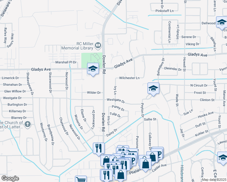 map of restaurants, bars, coffee shops, grocery stores, and more near 1135 Ivy Lane in Beaumont
