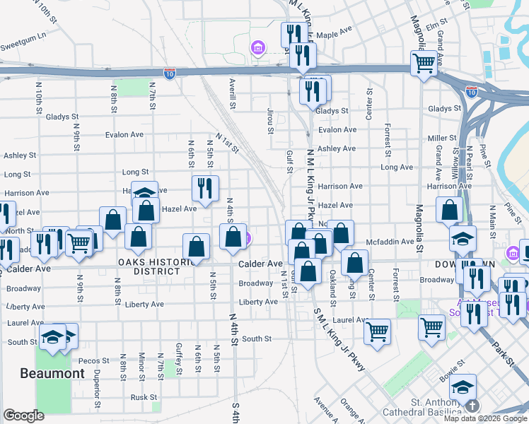 map of restaurants, bars, coffee shops, grocery stores, and more near 1791 Hazel Avenue in Beaumont