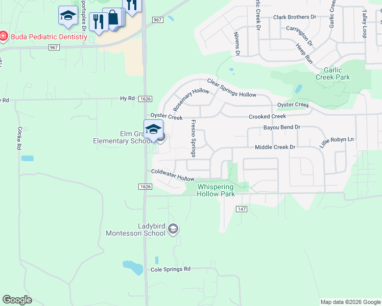 map of restaurants, bars, coffee shops, grocery stores, and more near 180 Wildhorse Creek in Buda