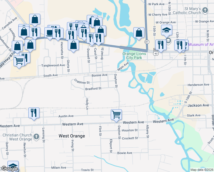 map of restaurants, bars, coffee shops, grocery stores, and more near 2102 Bradford St in West Orange
