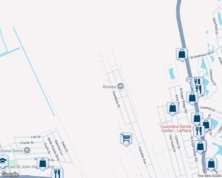 map of restaurants, bars, coffee shops, grocery stores, and more near 631 Gardenia Street in LaPlace
