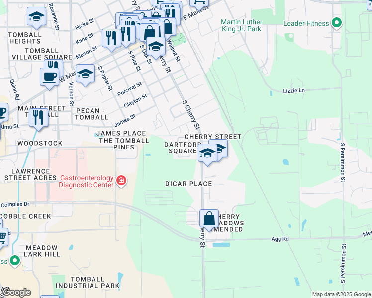 map of restaurants, bars, coffee shops, grocery stores, and more near 1100 South Cherry Street in Tomball