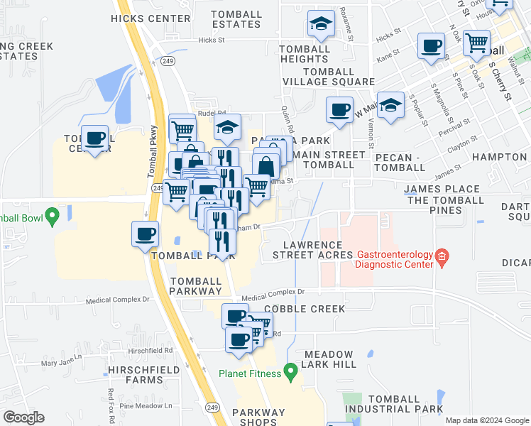 map of restaurants, bars, coffee shops, grocery stores, and more near 28520 Tomball Parkway in Tomball