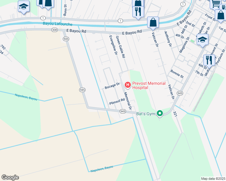 map of restaurants, bars, coffee shops, grocery stores, and more near 104 Melrose Dr in Donaldsonville