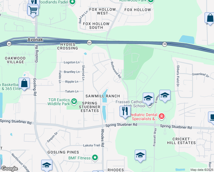 map of restaurants, bars, coffee shops, grocery stores, and more near 4919 Sawmill Terrace Lane in Spring
