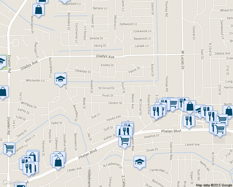 map of restaurants, bars, coffee shops, grocery stores, and more near 5550 Frost St in Beaumont