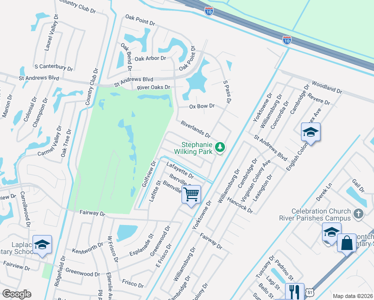 map of restaurants, bars, coffee shops, grocery stores, and more near 720 La Salle Drive in LaPlace