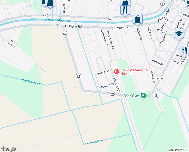 map of restaurants, bars, coffee shops, grocery stores, and more near 106 Oak Ridge Avenue in Donaldsonville