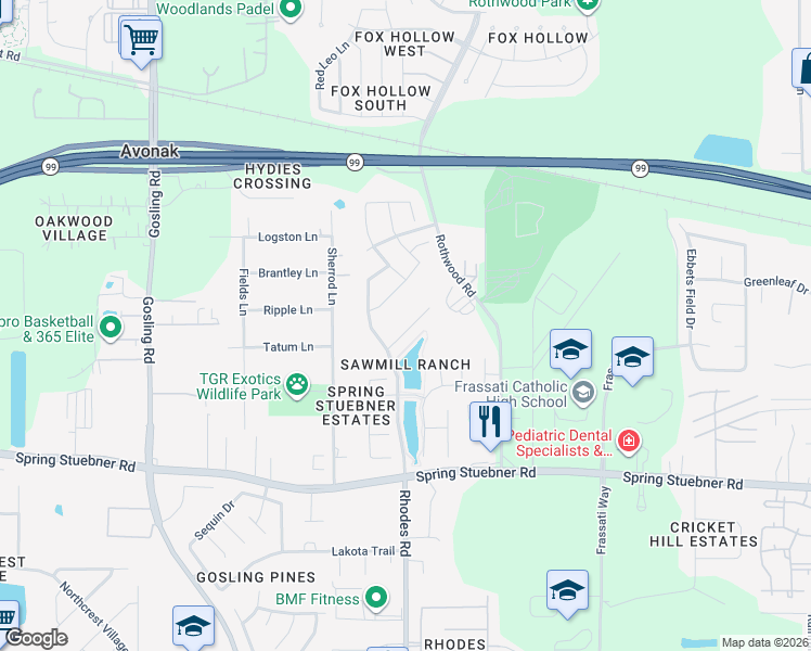 map of restaurants, bars, coffee shops, grocery stores, and more near 5018 Sawmill Terrace Lane in Spring