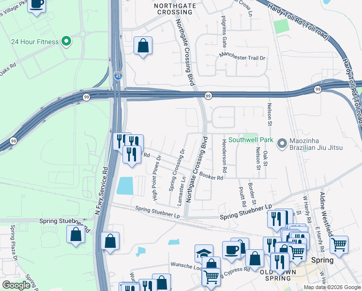 map of restaurants, bars, coffee shops, grocery stores, and more near 22522 Spence Park Court in Spring