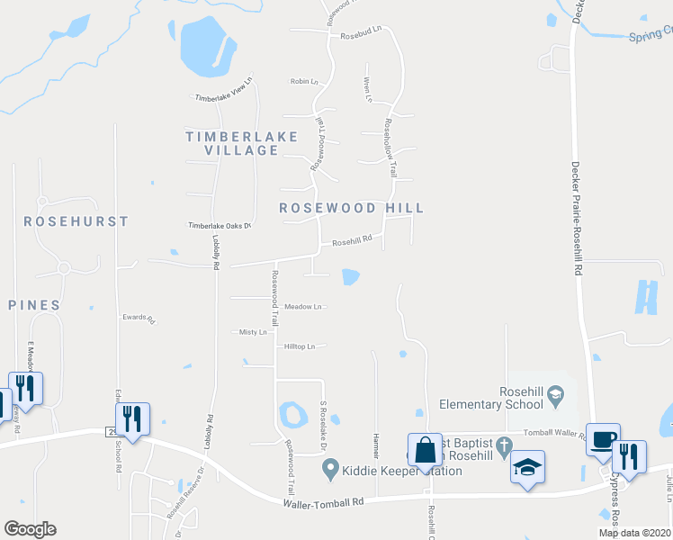 map of restaurants, bars, coffee shops, grocery stores, and more near 18802 Bluebird Lane in Tomball
