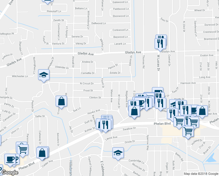 map of restaurants, bars, coffee shops, grocery stores, and more near 261 Manor Avenue in Beaumont