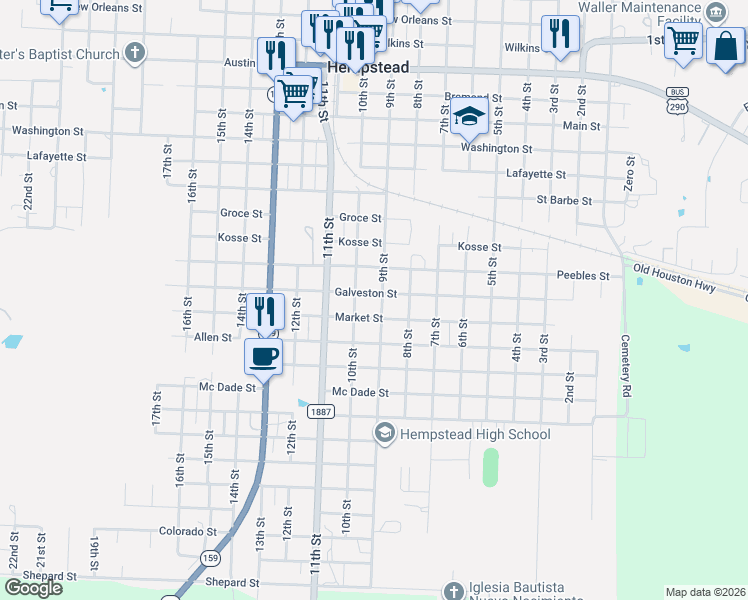 map of restaurants, bars, coffee shops, grocery stores, and more near 1735 9th Street in Hempstead