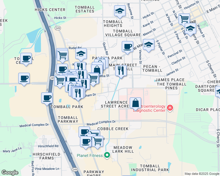 map of restaurants, bars, coffee shops, grocery stores, and more near 1214 Graham Drive in Tomball