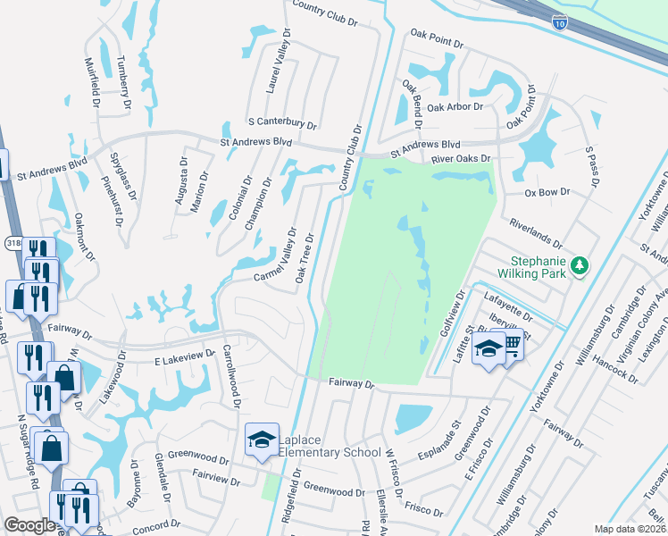 map of restaurants, bars, coffee shops, grocery stores, and more near 56 Country Club Drive in LaPlace