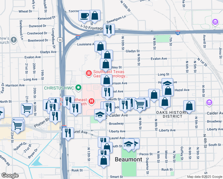 map of restaurants, bars, coffee shops, grocery stores, and more near 2674 Hazel Avenue in Beaumont