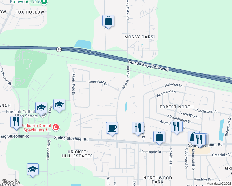 map of restaurants, bars, coffee shops, grocery stores, and more near 22329 Mossy Oaks Road in Spring