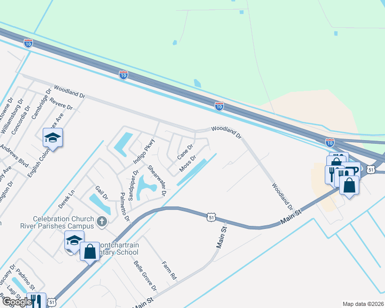 map of restaurants, bars, coffee shops, grocery stores, and more near 83 Moss Drive in LaPlace
