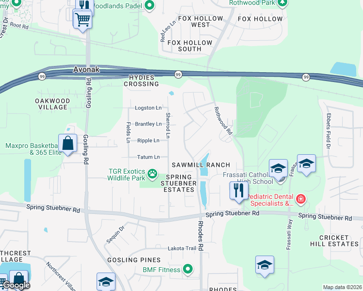 map of restaurants, bars, coffee shops, grocery stores, and more near 22306 Sherrod Lane in Spring