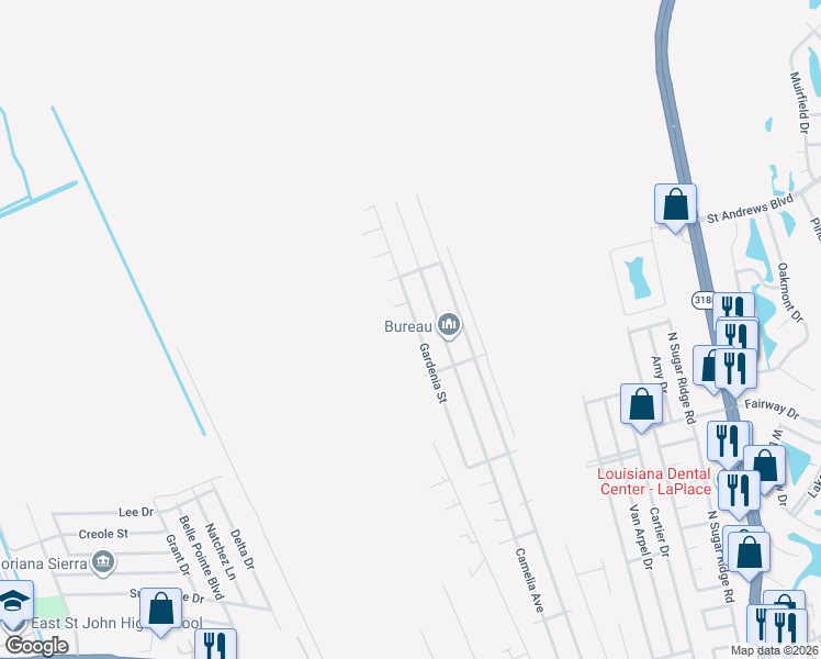 map of restaurants, bars, coffee shops, grocery stores, and more near 631 Gardenia Street in LaPlace