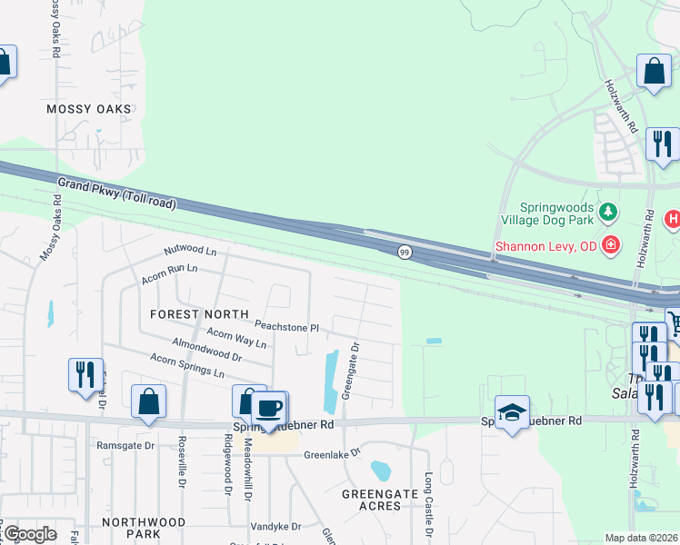 map of restaurants, bars, coffee shops, grocery stores, and more near 3139 Aspen Fair Trail in Spring