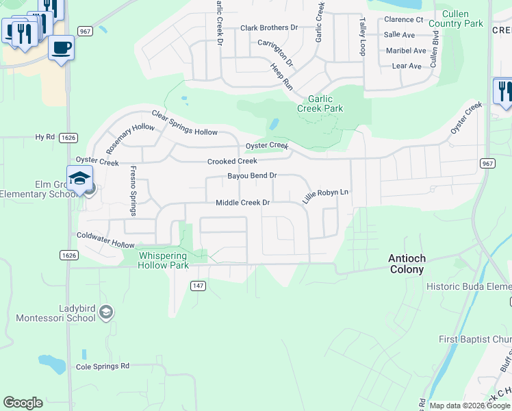 map of restaurants, bars, coffee shops, grocery stores, and more near 570 Middle Creek Drive in Buda