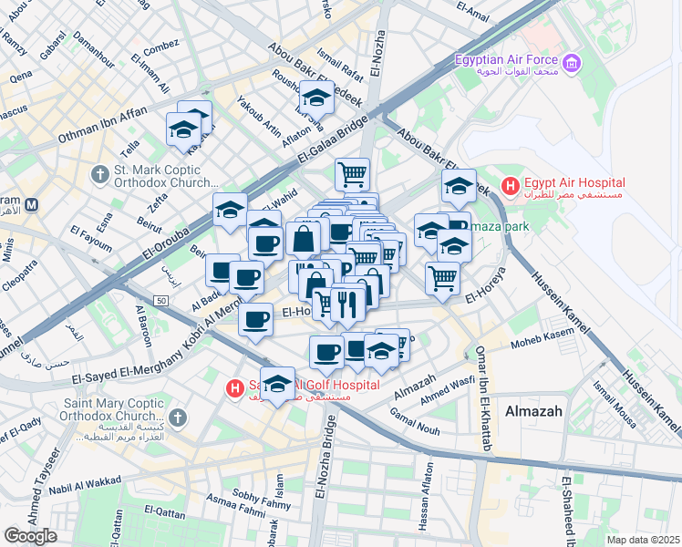 map of restaurants, bars, coffee shops, grocery stores, and more near 74 El-Nozha in Heliopolis
