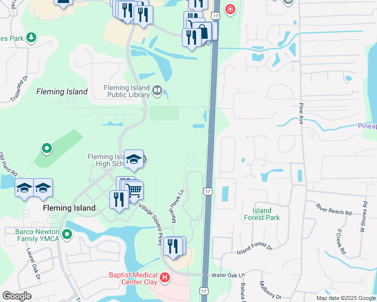 map of restaurants, bars, coffee shops, grocery stores, and more near 2200 Marsh Hawk Lane in Fleming Island