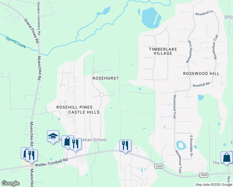 map of restaurants, bars, coffee shops, grocery stores, and more near 19309 Whispering Grove East in Tomball