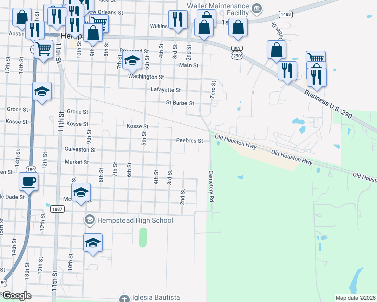 map of restaurants, bars, coffee shops, grocery stores, and more near 1650 2nd Street in Hempstead