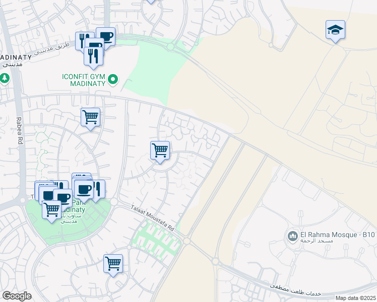 map of restaurants, bars, coffee shops, grocery stores, and more near in Second New Cairo