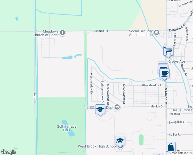 map of restaurants, bars, coffee shops, grocery stores, and more near 9655 Meadowbrook Drive in Beaumont
