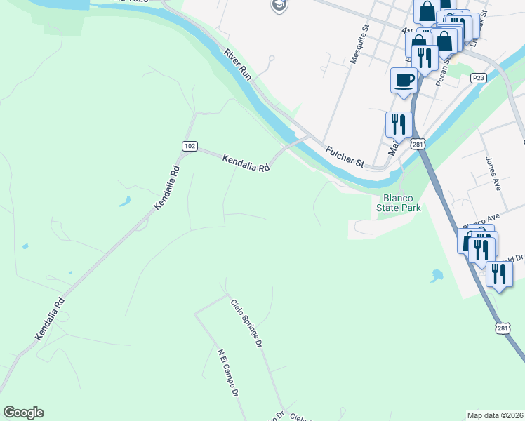 map of restaurants, bars, coffee shops, grocery stores, and more near 109 Rio Grande Drive in Blanco