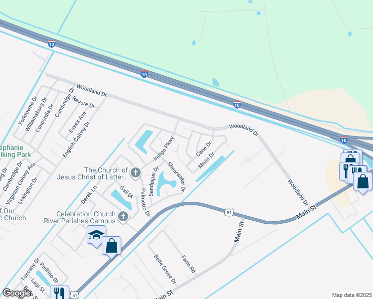 map of restaurants, bars, coffee shops, grocery stores, and more near 20 Pampas Drive in LaPlace