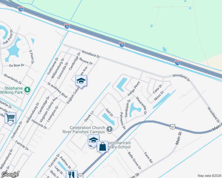 map of restaurants, bars, coffee shops, grocery stores, and more near 145 Derek Lane in LaPlace